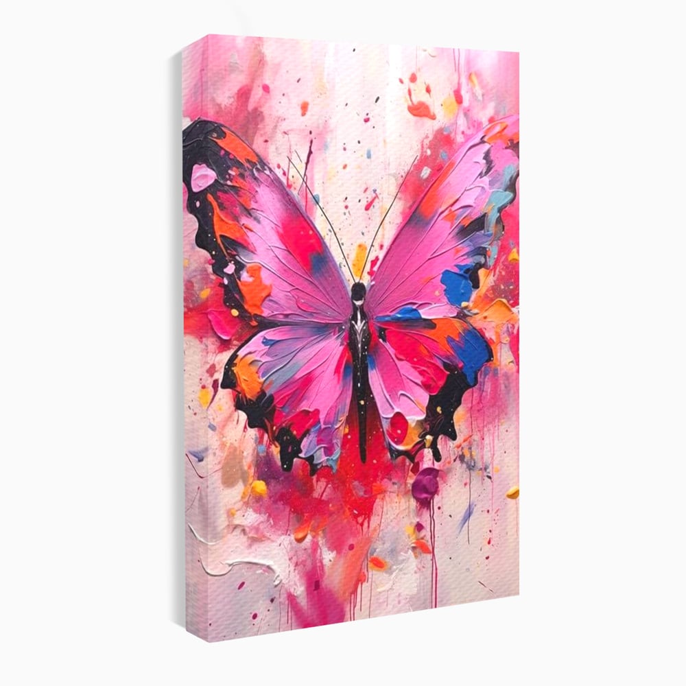 Tablou canvas cu pictura digitala cu fluture roz, fara rama, pe sasiu de lemn